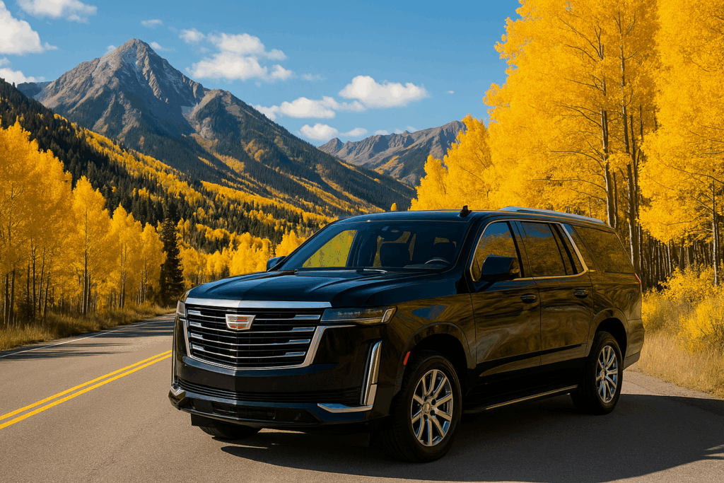 Black luxury SUV limo in Aspen Colorado during fall season